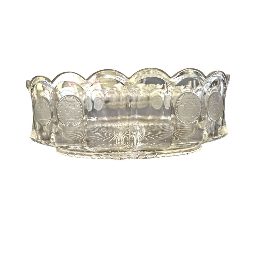 Fostoria Patriotic Coin Glass Clear Oval Serving Bowl 9" Vintage Glassware Decor